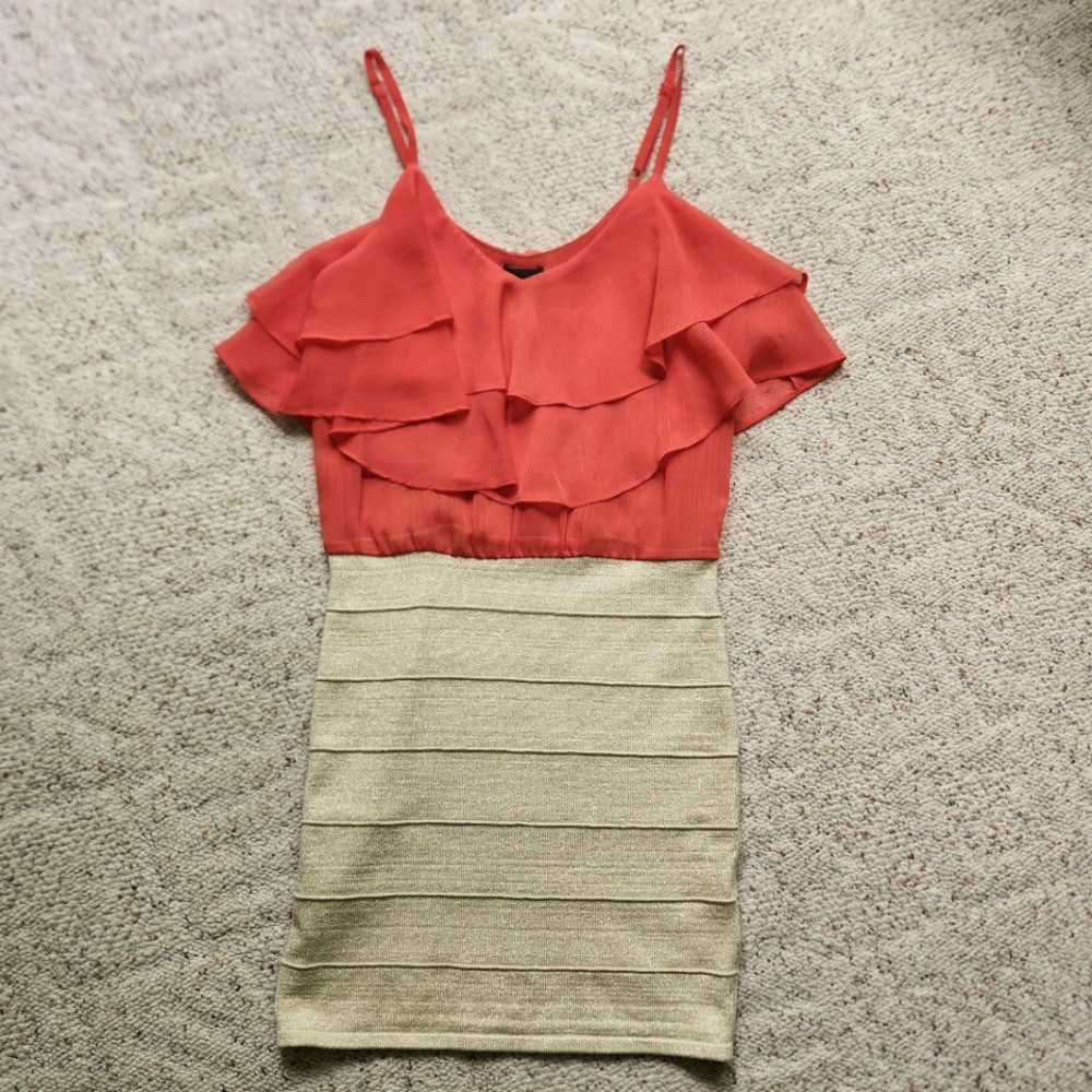 2b bebe size medium coral and gold bodycon dress